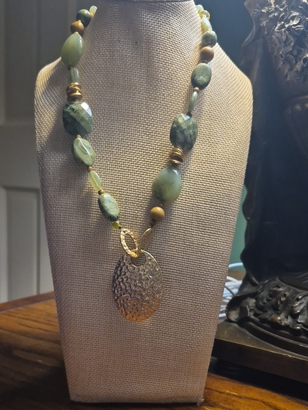 Green Faux Stone Beaded Necklace with Gold Pendant